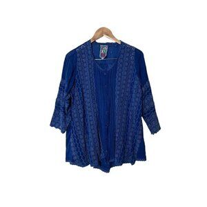 Johnny Was Royal Blue Lace-Panel Button Front Blouse
